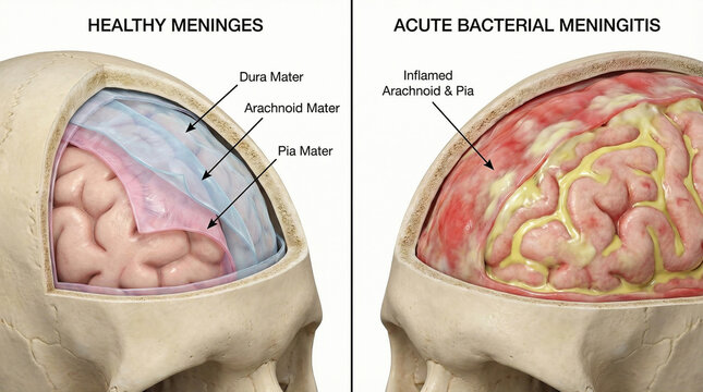 3D Anatomy Comparison of Healthy Meninges and Acute Bacterial Meningitis