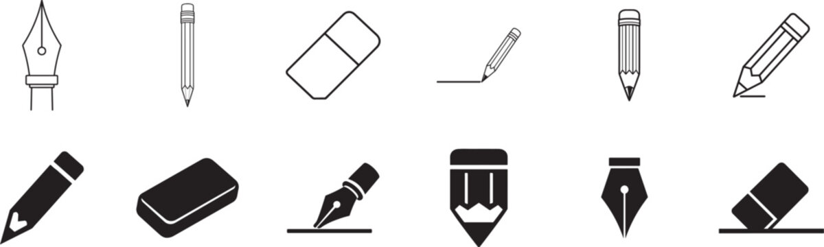 Editable line icon set of pencil eraser signature and edit tools in sharp monochrome style vector ui.