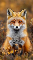 Obraz premium A fox with a piercing gaze in the autumn grass — a wild backdrop for nature, cunning, the beauty of wildlife, or a moment of stillness before moving forward.