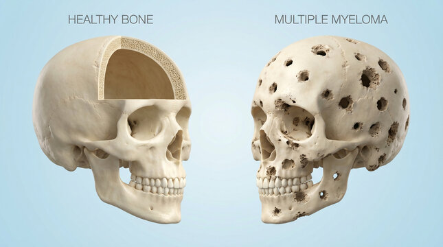 3D Skull Anatomy Showing Healthy Bone Versus Multiple Myeloma Lesions