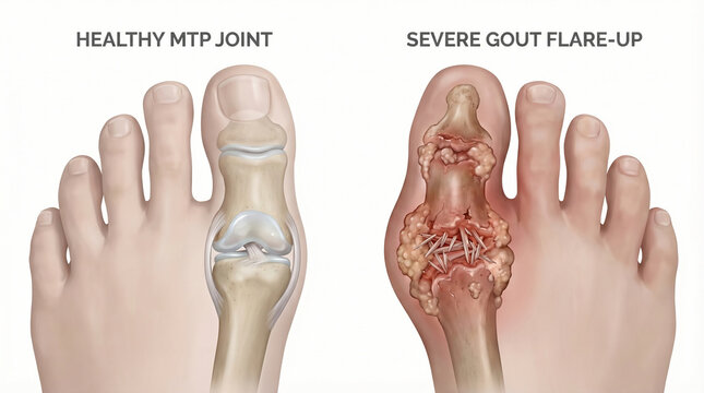 3D Medical Comparison of a Healthy MTP Joint and Severe Gout Flare-Up