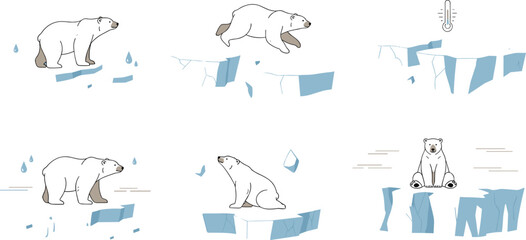 Fototapeta premium Polar bear behavior set on melting ice with walking, sitting and jumping poses illustrating arctic climate change concept