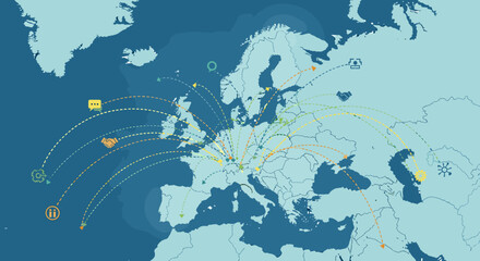 Map of Europe illustrating global trade routes and economic connections with various icons representing industries and services. © evans