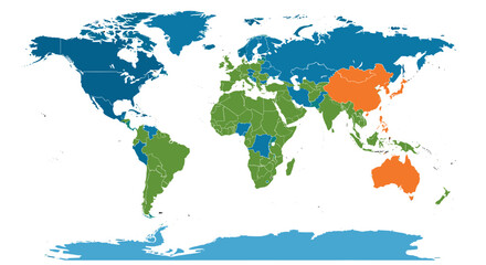 World map illustrating the distribution of countries across different color-coded regions, likely representing economic or developmental classifications. © evans