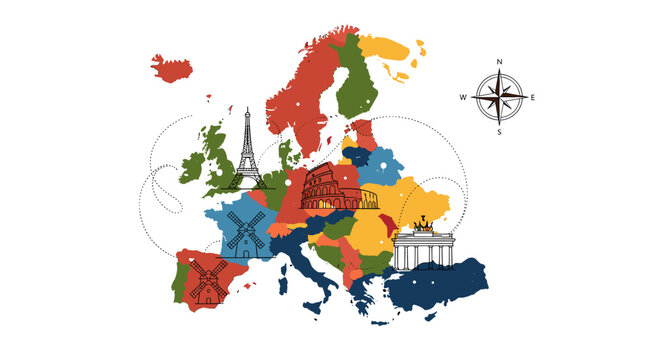 Colorful map of Europe with iconic landmarks and a compass rose, representing travel and cultural diversity across the continent.