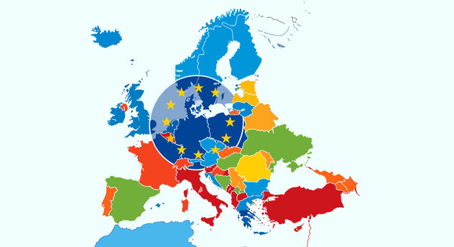 Political map of Europe illustrating the geographical extent and member countries of the European Union.