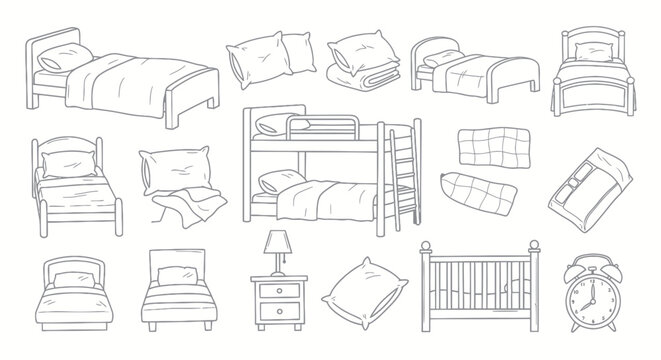 A collection of hand-drawn outline icons for bedroom furniture and sleeping essentials.