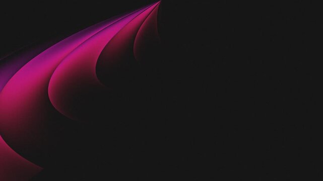 Abstract background with flowing magenta pink curves on black. Geometric shape with smooth gradient lines. Minimalist digital design for presentation and motion graphic.
