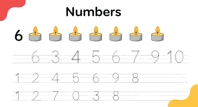 Educational numbers tracing worksheet for children from one to ten includes candle icons for counting practice and math skill development.