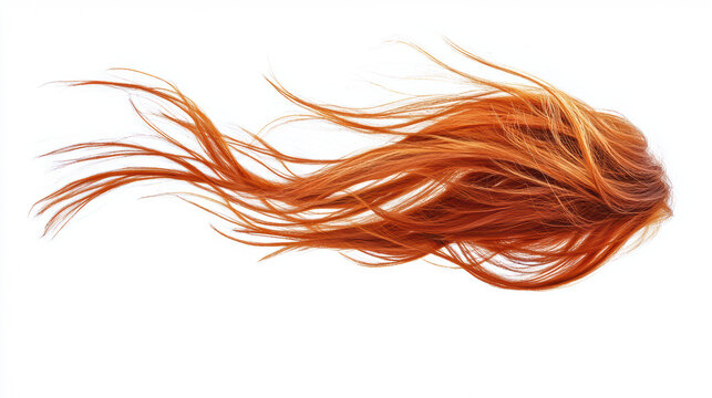 Flowing red hair extension with highlighted strands is isolated on a white background evoking beauty, movement, and vibrant color creating a dynamic impression.