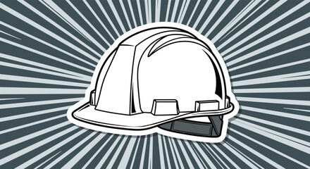 Fototapeta premium White construction hard hat icon on a dark blue and grey dynamic sunburst background for industrial and safety concepts.
