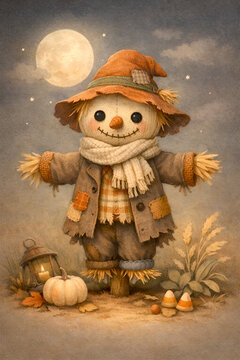 Scarecrow with pumpkin in field under moonlight at Halloween  