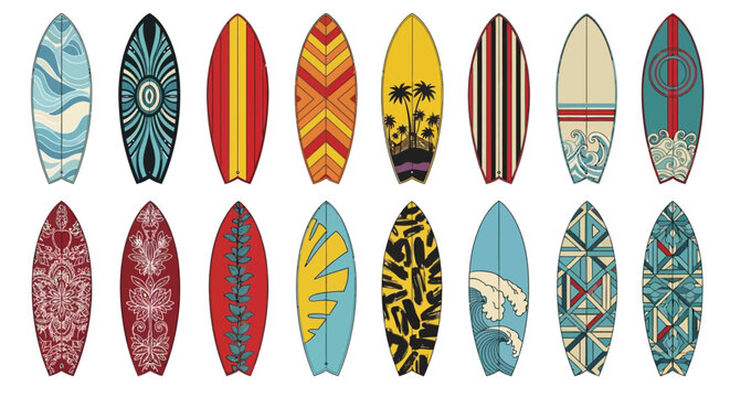 Surfboard, vector icons, colorful designs, patterns, 15 boards