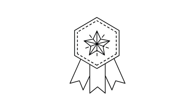 Hexagonal award badge outline featuring a star in the center and ribbon tails for achievement and quality symbols.