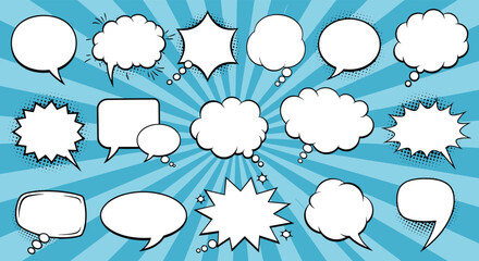 Fototapeta premium Large collection of various blank comic speech and thought bubbles on a blue sunburst background for storytelling.