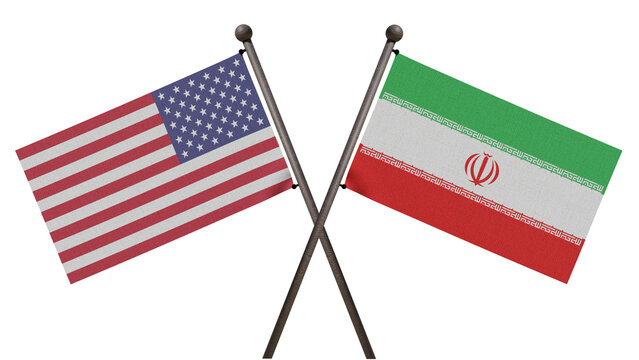 Crossed USA and Iran flags 3D render isolated on white background for political and diplomatic news