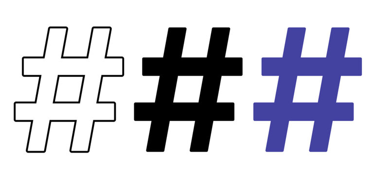 Three hashtag symbols with different styles including an outline, a solid black, and a solid blue version on a white background