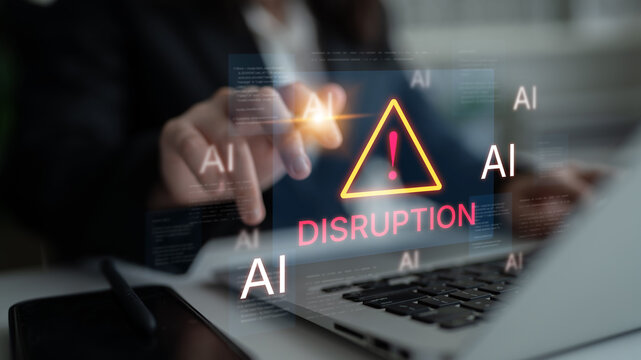 Disruption warning future of work, featuring AI agents replacing human jobs. Represents labor unemployment, corporate automation cost shift, and need for new career reskilling and upskilling. Corpus