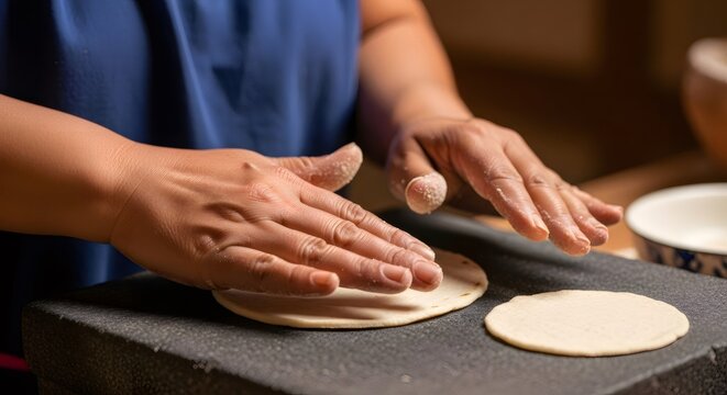 Hands making corn tortillas on a metate creating traditional mexican food