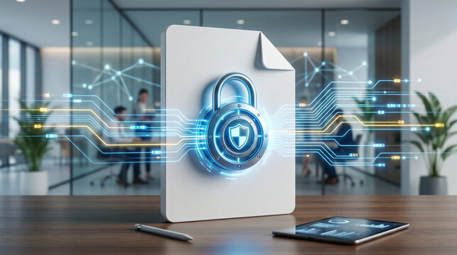 File protection system document digital lock encrypted file data security secure storage office file icon cyber security privacy protected document business technology shield access control