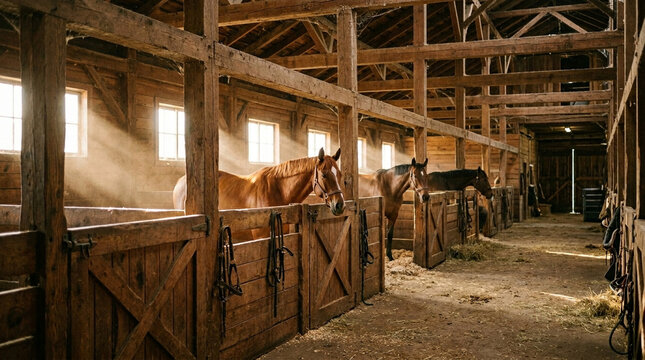 Horse stable wooden barn horse farm sunbeam dust particle rustic interior rural scene stall equine agricultural building brown horse indoor stable timber beam hay bale livestock farm animal horse