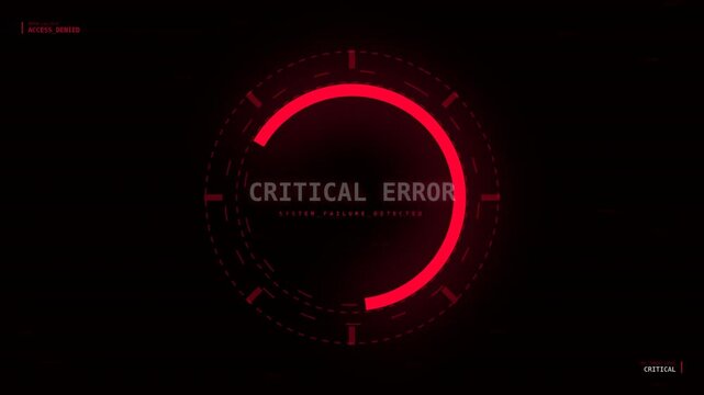 A dark interface displays a critical error alert with digital glitch effects and red accents