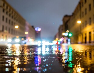 Obraz premium City street at night with reflections.