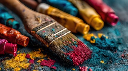 Fototapeta premium Paintbrush Covered in Vibrant Pigment Powder with Squeezed Paint Tubes on Table