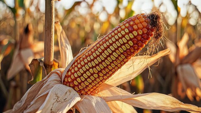 Ripe Corn Ear Ready for Harvest in a Golden Field at Sunset.