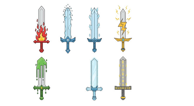 Collection of fantasy element inspired pixel art swords with fire ice lightning and nature themes for game assets