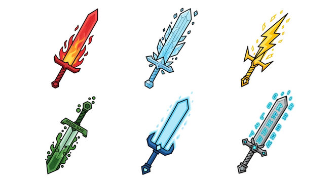 Collection of fantasy elemental swords and magic weapons with fire ice lightning plant and energy elements for game assets or concept art