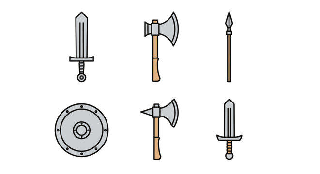 Collection of medieval combat tools including swords axes shield and spear on a clean white background flat design elements for historical themes