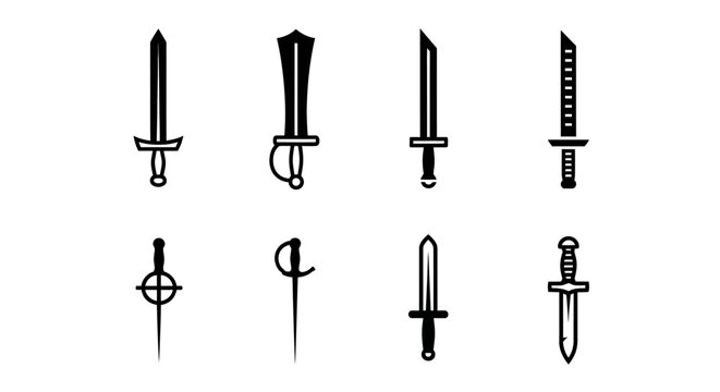 Collection of Various Historical Weapon Designs Displayed Across Two Rows Featuring Different Blade Shapes And Handles For Medieval Combat And