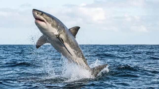 Great White Shark breaching out of the ocean. Large marine predator jumping above the water surface with splashes. Wild aquatic animal in action