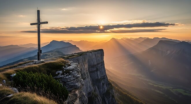 Cross on mountain peak at sunrise.