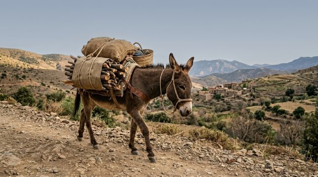 Working donkey carrying a heavy load of firewood and sacks on a rocky mountain path. Traditional rural transport in a remote village