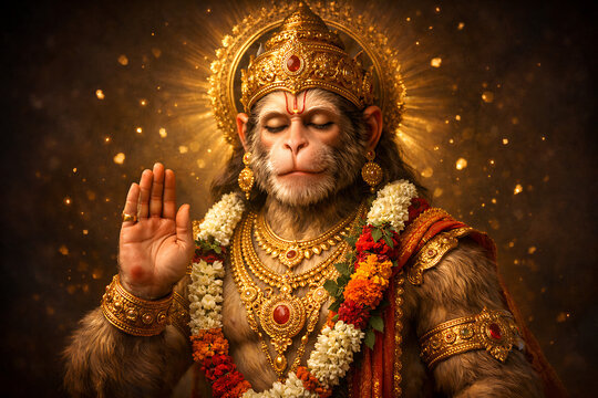 Divine artistic portrait of Hanuman with golden ornaments spiritual aura blessing gesture representing strength devotion courage and protection in rich detailed composition