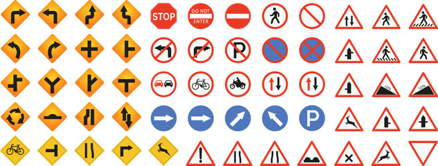 Traffic Road Signs Collection Warning Regulatory Prohibition Symbols Street Safety Icons Vector Set © AR ICON STORE