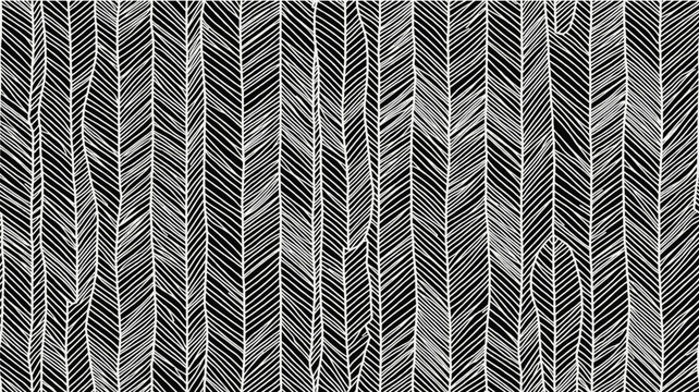 Abstract black and white seamless pattern forming a herringbone tropical leaf texture. Black and white abstract palm leaf herringbone pattern