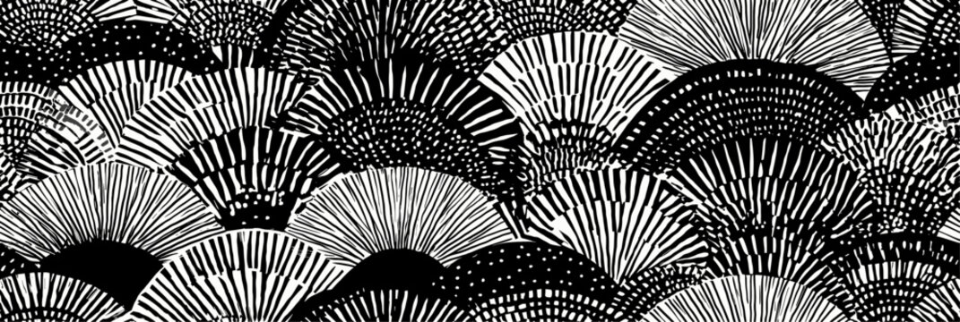Japanese black and white scallop pattern graphic design. Seamless monochrome scallop graphic pattern creating a stylish fan texture background