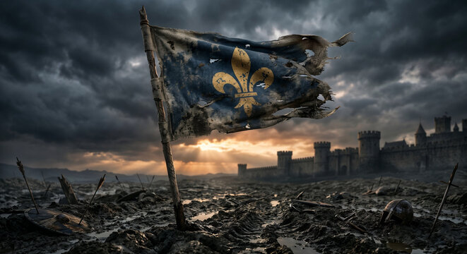 Tattered French Flag on a Muddy Medieval Battlefield with Dramatic Sky, illustration for a work by Bernard Shaw