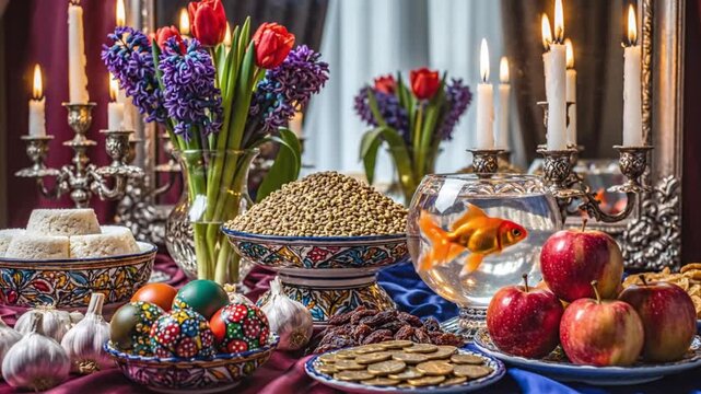 Traditional still life, Nowruz table setting, colorful flowers, fruits, nuts, decorative dishes