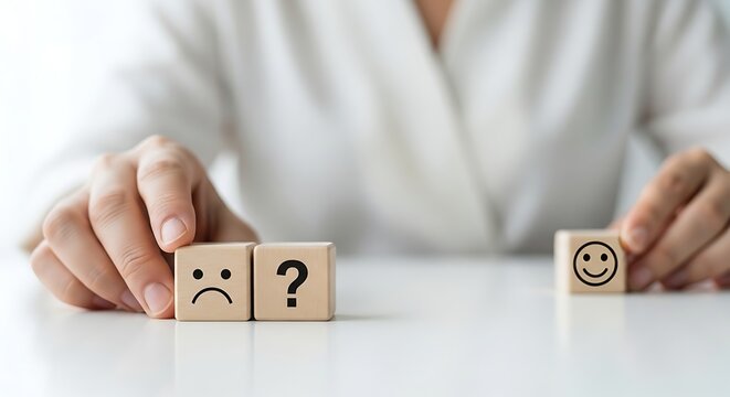 Choosing happiness over sadness and uncertainty with wooden blocks