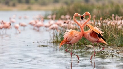 Fototapeta premium Two pink flamingos forming a heart shape with their necks. Courtship dance of wild birds in a wetland lake. Animal love and romance concept