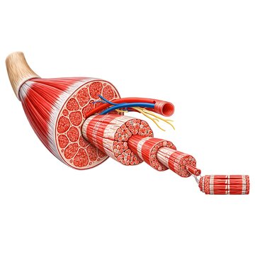 Cross section of skeletal muscle structure showing muscle fibers, fascicles and myofibrils anatomy illustration