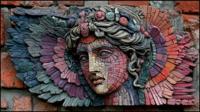 Colorful Mosaic Angel Face Relief Mounted on Brick Wall