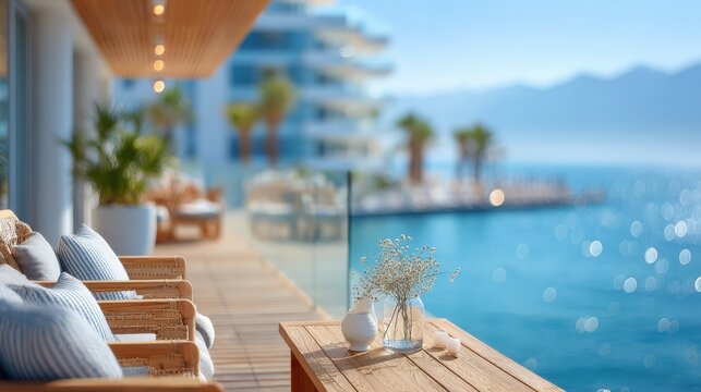Blurred poolside hotel in Turkey with sunny weather and relax moo
