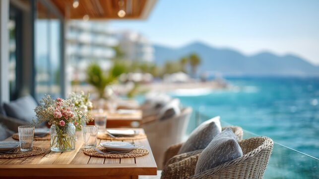 Blurred poolside hotel in Turkey with sunny weather and relax moo