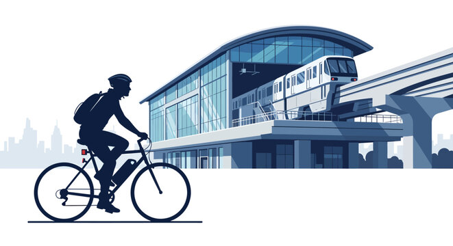 Cyclist riding past modern train station building