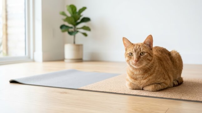 Orange tabby cat sitting on a cork yoga mat on a wooden floor. Ginger feline resting in a bright minimalist room with a potted plant. Copy space for text